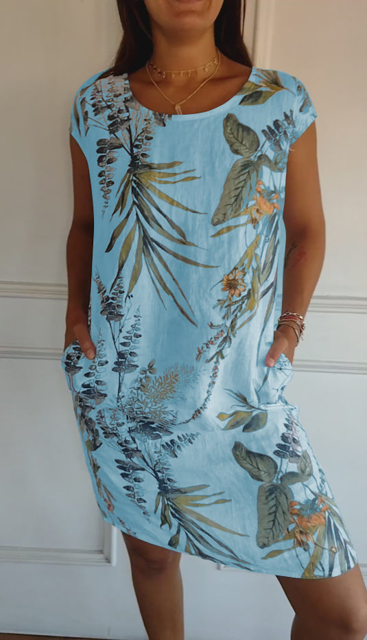 Aldorian™ | Women's round-neck printed cotton and linen dress 