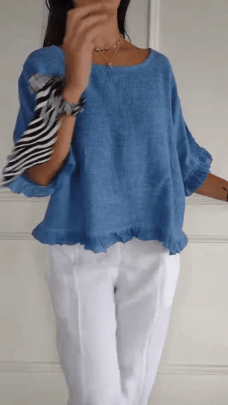 Nuvéa™ | Round neck, gathered hem, medium sleeves, cotton and linen 
