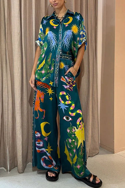 LinoFit™ – Unique Print Elastic Waistband with Pockets Wide Leg Pants