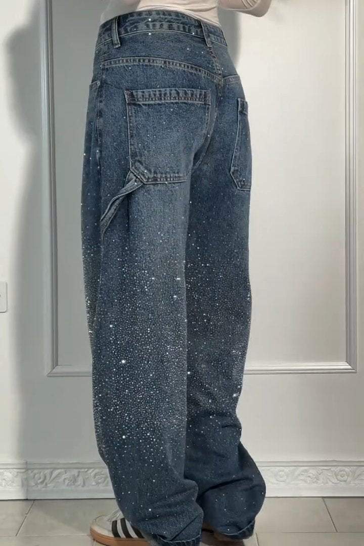 GleamFit™ Women's Rhinestone Harem Jeans | Stylish and comfortable denim pants with sparkling accents 