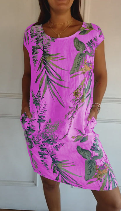 Aldorian™ | Women's round-neck printed cotton and linen dress 