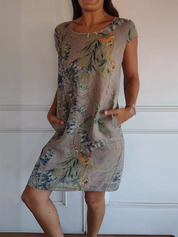 Aldorian™ | Women's round-neck printed cotton and linen dress 