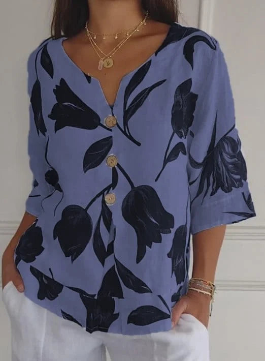 50% off | Eileen Fisher™ - Printed Linen Cotton V-Neck Pullover Shirt 