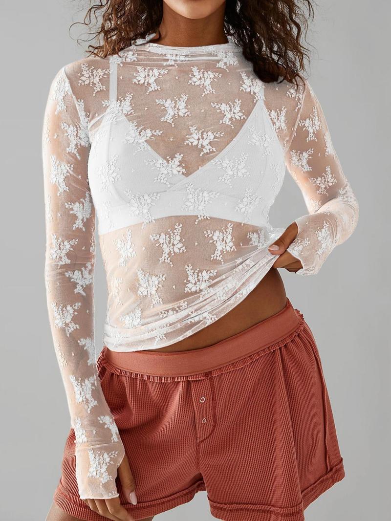 Women's Floral Lace Thumbhole Sheer Tee