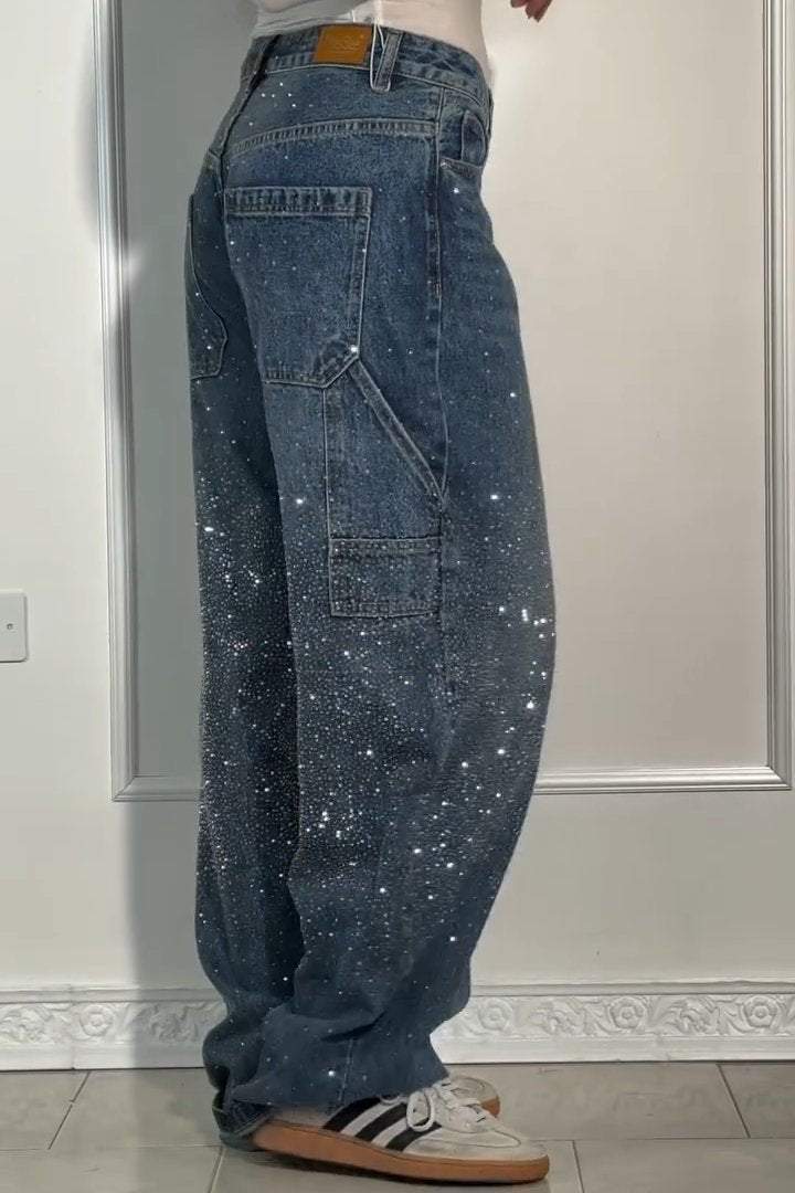 GleamFit™ Women's Rhinestone Harem Jeans | Stylish and comfortable denim pants with sparkling accents 