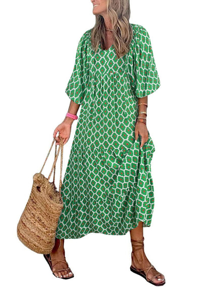 Bohevara™ | Women's Puff Sleeve Geometric Bohemian Maxi Dresses