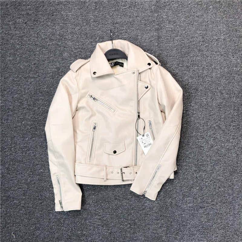 50% off | Elfriede™ | Women's slim-fit leather jacket with belt and multiple pockets