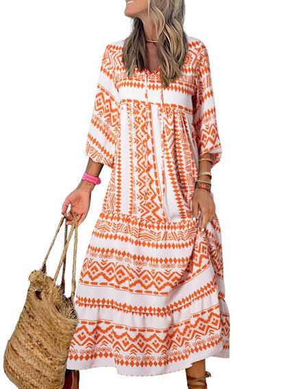 Bohevara™ | Women's Puff Sleeve Geometric Bohemian Maxi Dresses