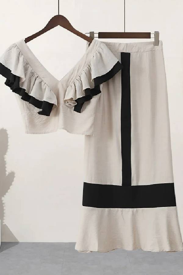 Lara™ | Fashion Colorful V-neck Pleated Lotus Leaf Vacation Two-piece Set 