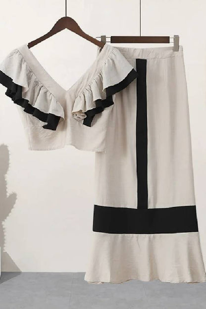Lara™ | Fashion Colorful V-neck Pleated Lotus Leaf Vacation Two-piece Set 