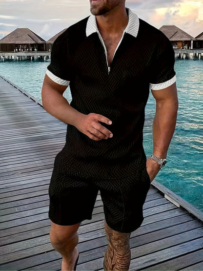 Everard™ – Men's Summer Set with Zip Polo &amp; Shorts in Geo Design 