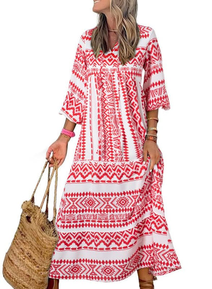 Bohevara™ | Women's Puff Sleeve Geometric Bohemian Maxi Dresses