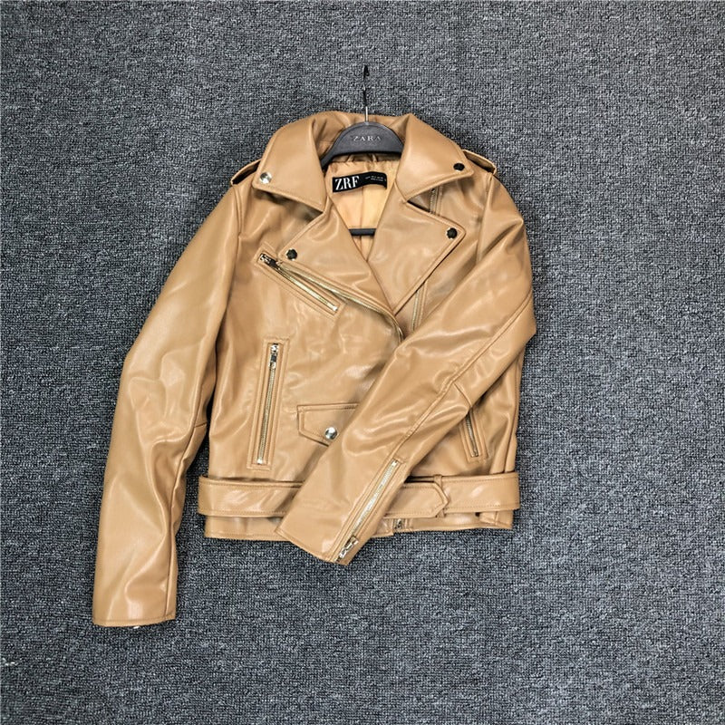 50% off | Elfriede™ | Women's slim-fit leather jacket with belt and multiple pockets