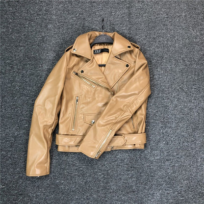 50% off | Elfriede™ | Women's slim-fit leather jacket with belt and multiple pockets