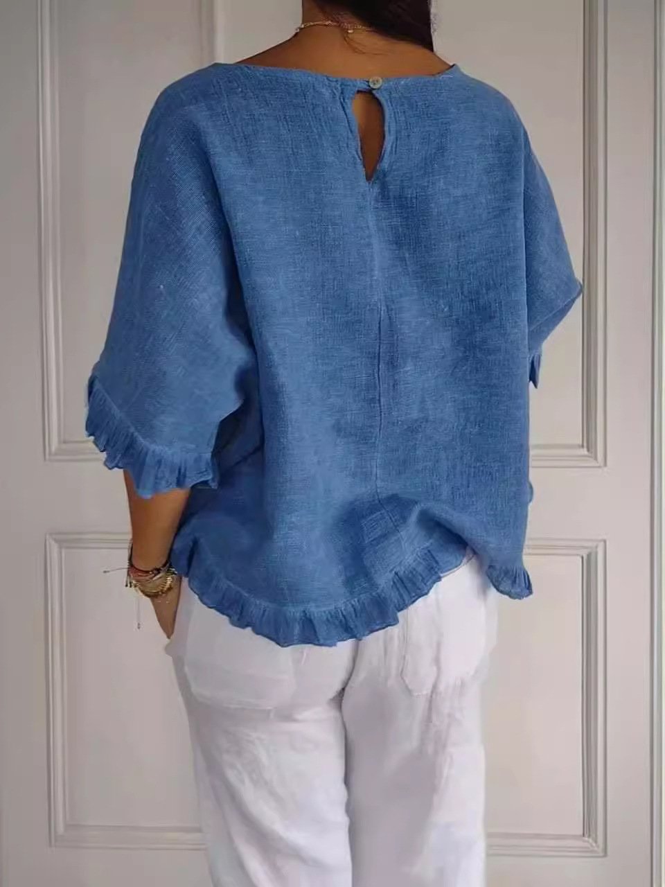 Nuvéa™ | Round neck, gathered hem, medium sleeves, cotton and linen 