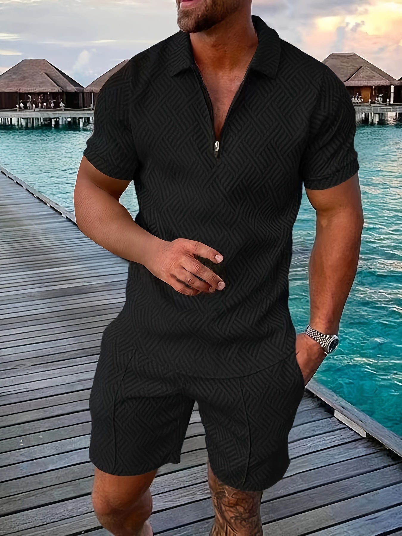 Everard™ – Men's Summer Set with Zip Polo &amp; Shorts in Geo Design 