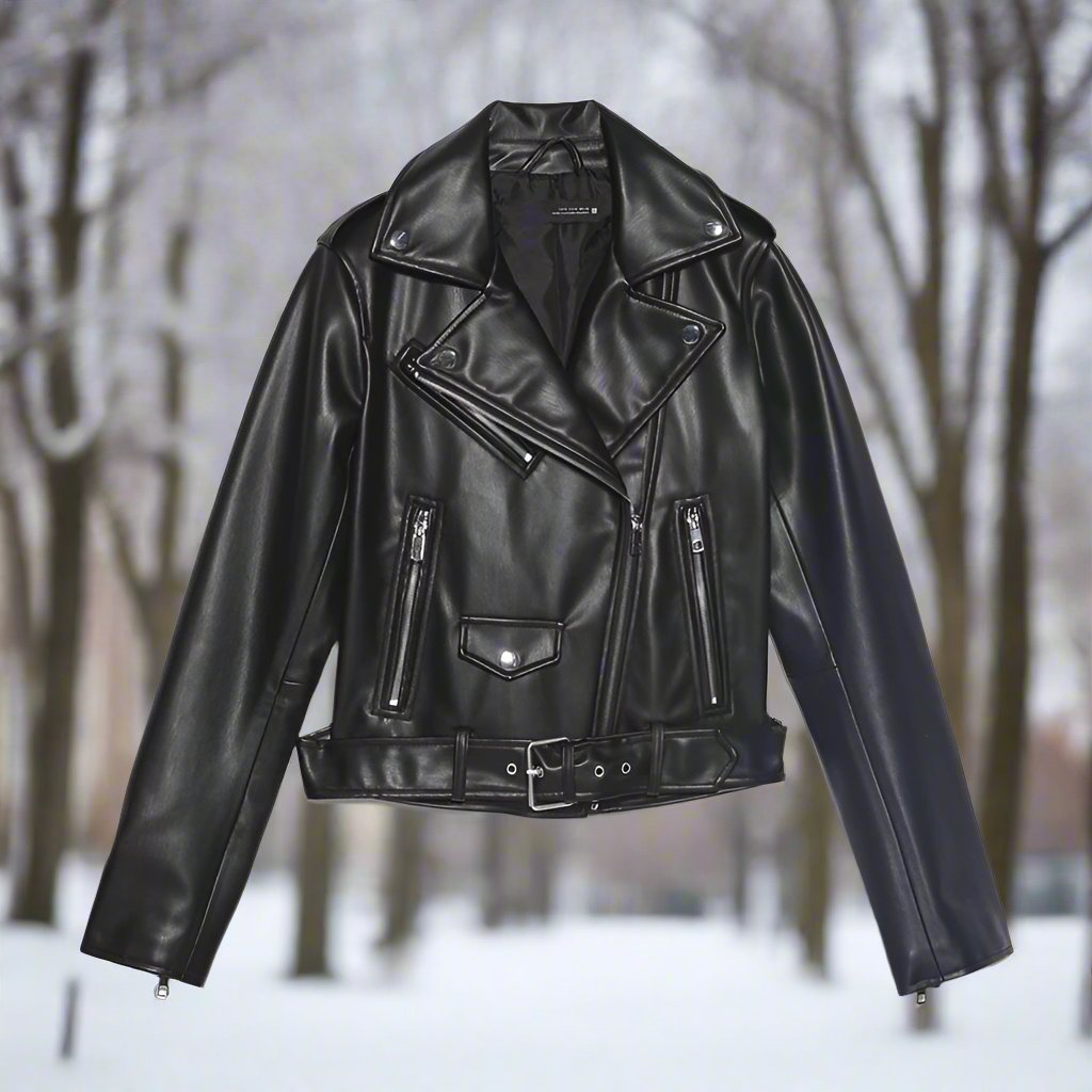 50% off | Elfriede™ | Women's slim-fit leather jacket with belt and multiple pockets