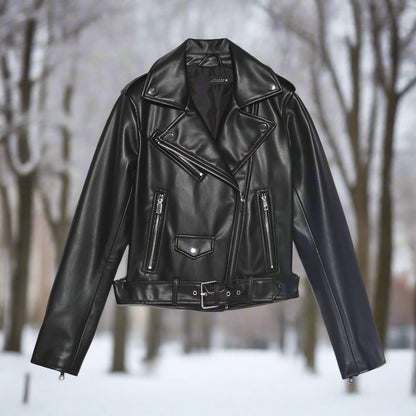 50% off | Elfriede™ | Women's slim-fit leather jacket with belt and multiple pockets