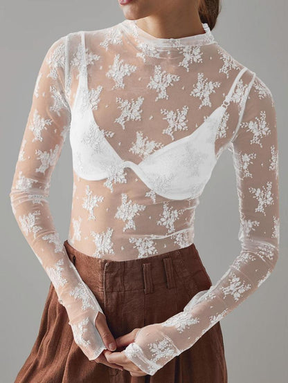 Women's Floral Lace Thumbhole Sheer Tee