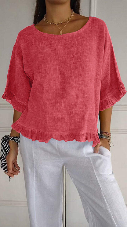 Nuvéa™ | Round neck, gathered hem, medium sleeves, cotton and linen 