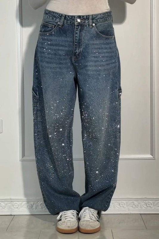 GleamFit™ Women's Rhinestone Harem Jeans | Stylish and comfortable denim pants with sparkling accents 