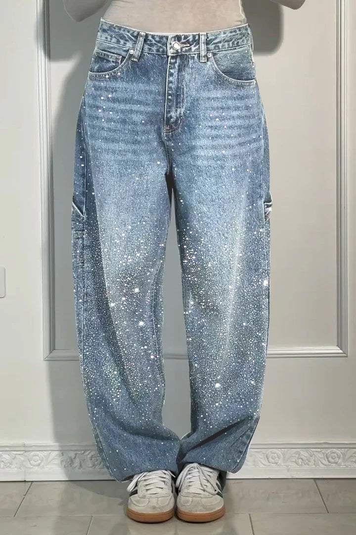 GleamFit™ Women's Rhinestone Harem Jeans | Stylish and comfortable denim pants with sparkling accents 