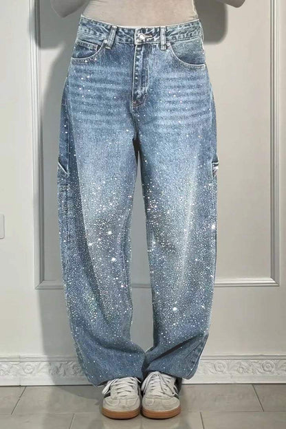 GleamFit™ Women's Rhinestone Harem Jeans | Stylish and comfortable denim pants with sparkling accents 