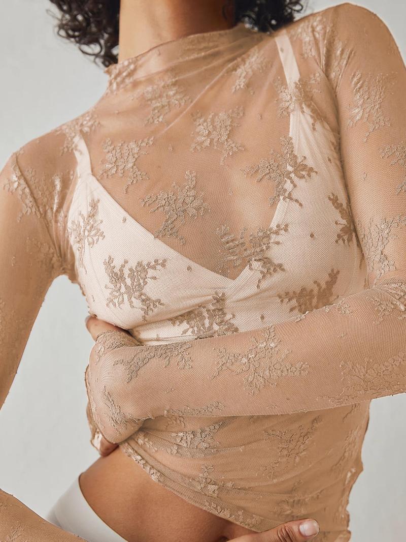 Women's Floral Lace Thumbhole Sheer Tee