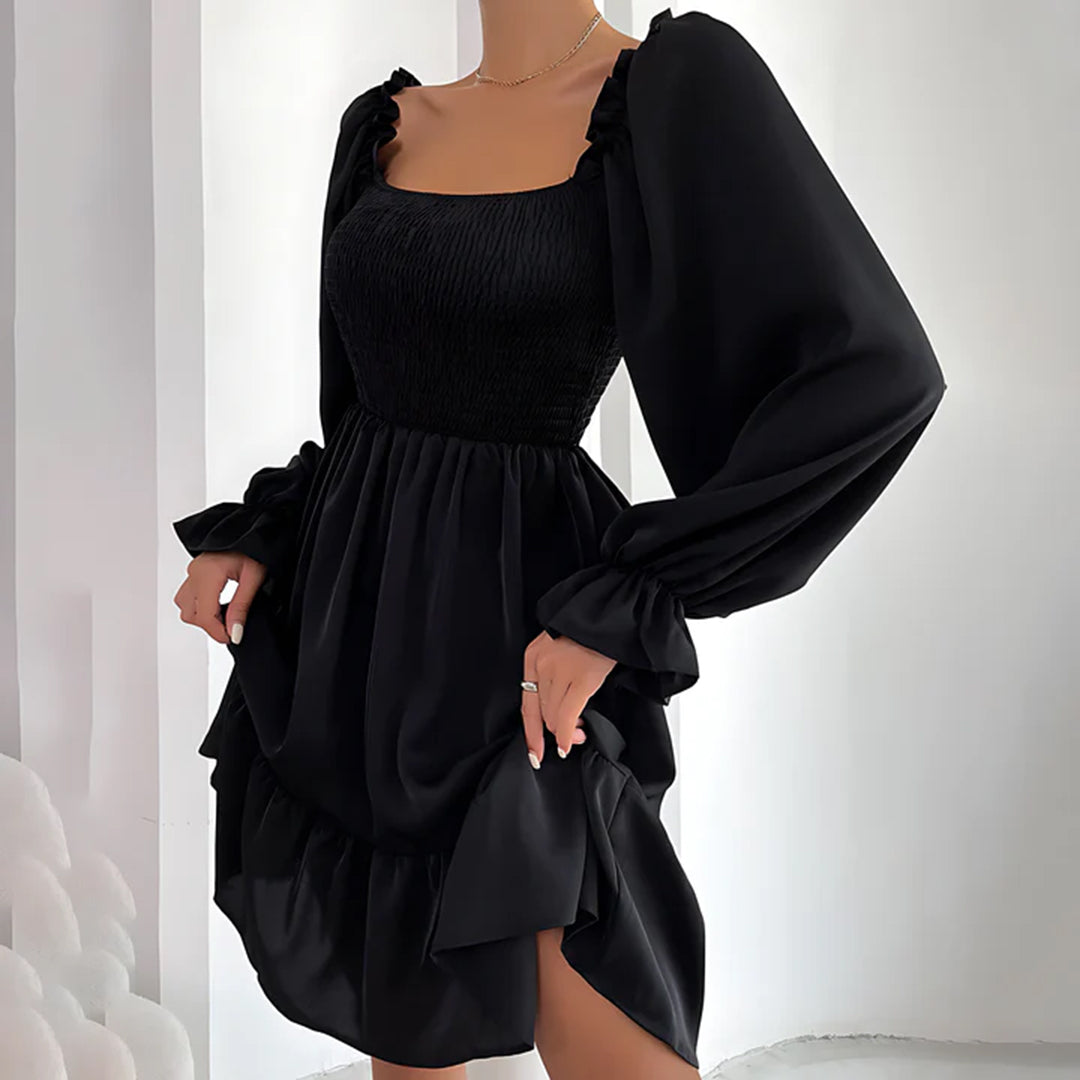 Emmeline™ | Summer mini dress with ruffles – puff sleeves, square neckline &amp; elastic waist 