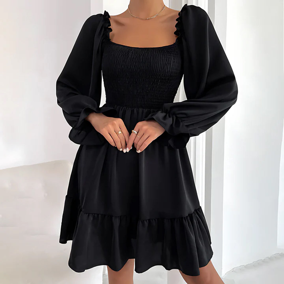 Emmeline™ | Summer mini dress with ruffles – puff sleeves, square neckline &amp; elastic waist 