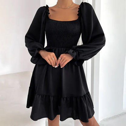 Emmeline™ | Summer mini dress with ruffles – puff sleeves, square neckline &amp; elastic waist 