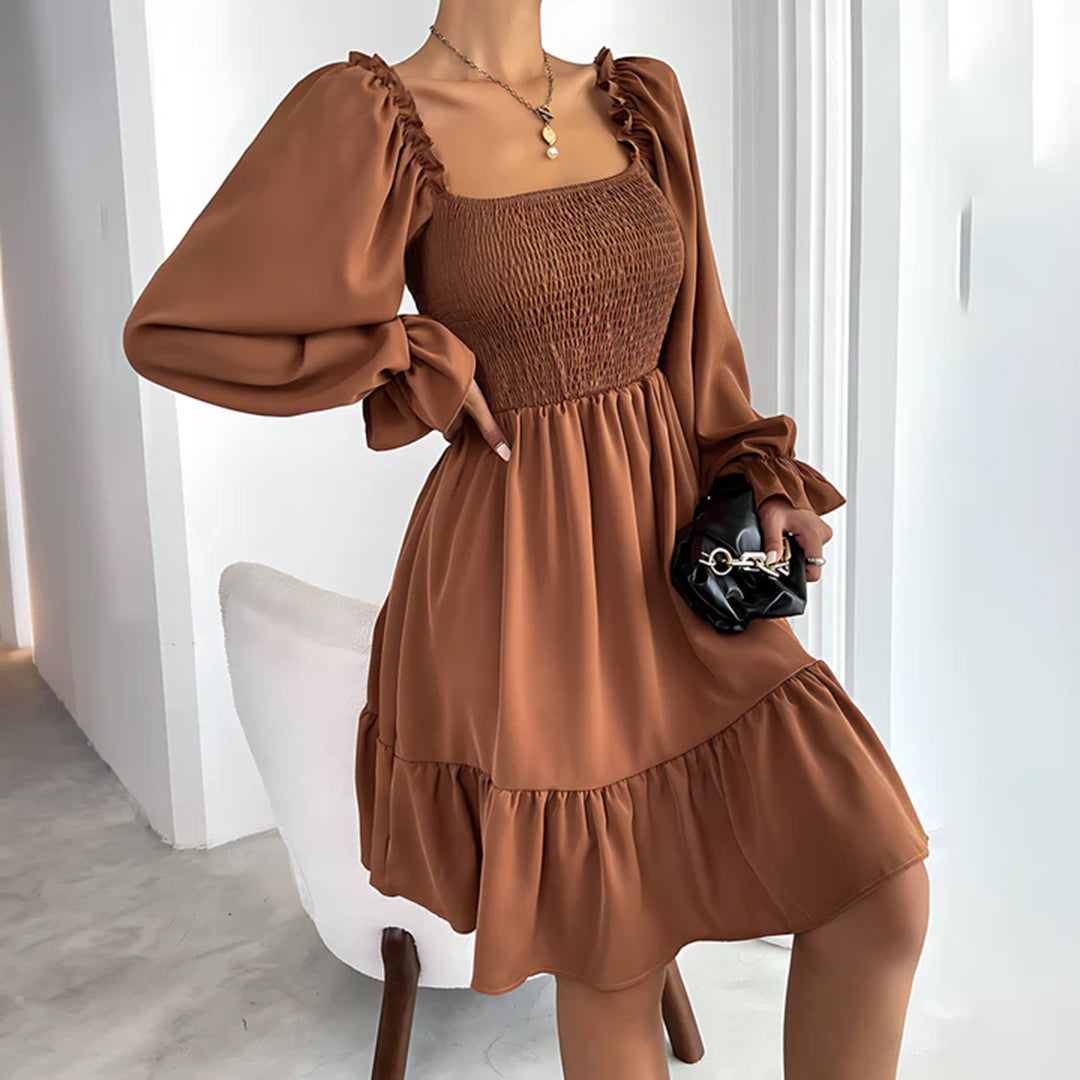Emmeline™ | Summer mini dress with ruffles – puff sleeves, square neckline &amp; elastic waist 
