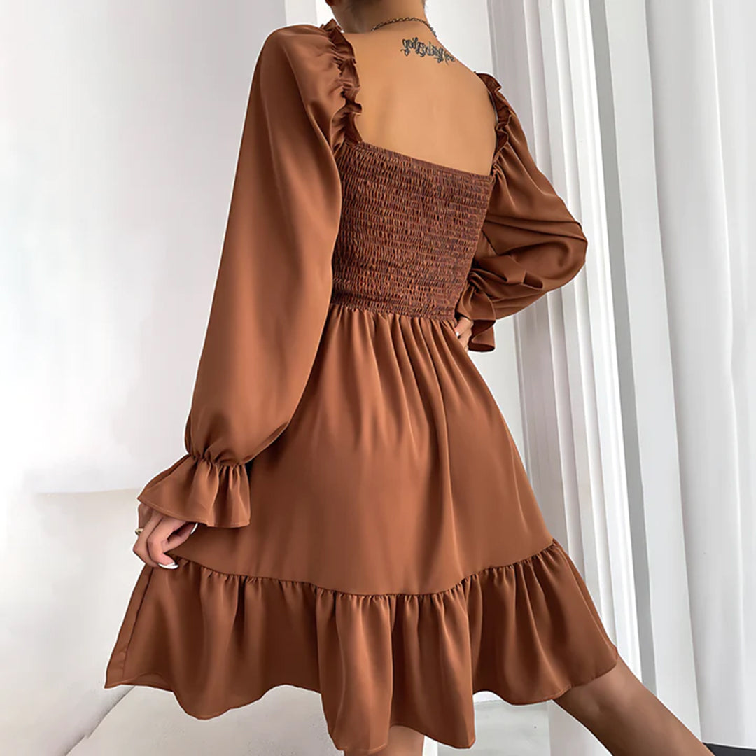 Emmeline™ | Summer mini dress with ruffles – puff sleeves, square neckline &amp; elastic waist 