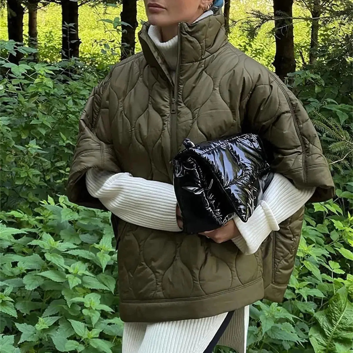 Samina™ | Women's Army Green Padded Parka Jacket with Zip and Stand-Up Collar – Short Sleeve for Winter 