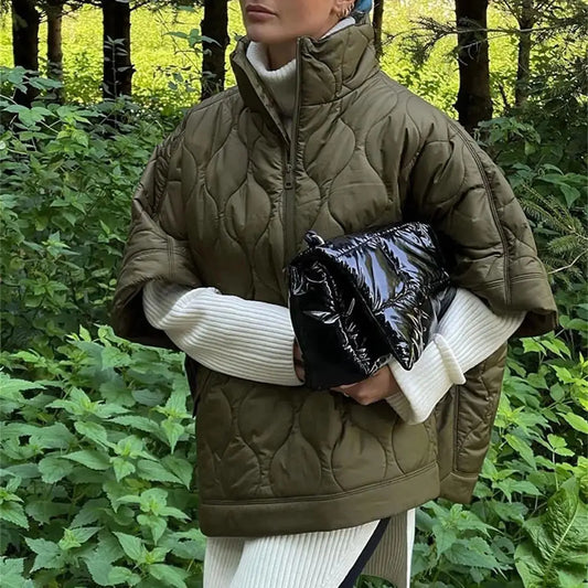 Samina™ | Women's Army Green Padded Parka Jacket with Zip and Stand-Up Collar – Short Sleeve for Winter 