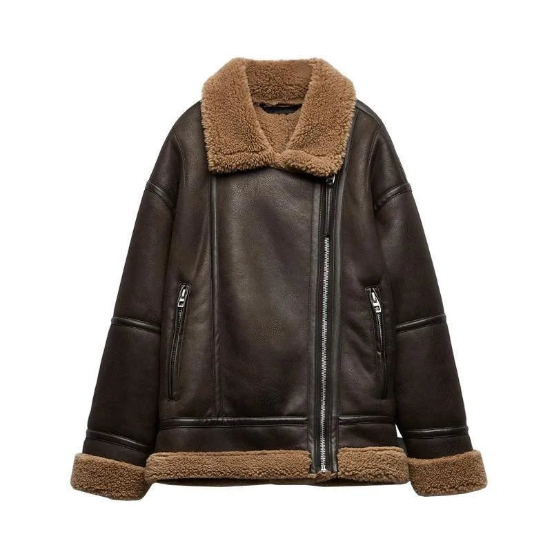 Harmira™ | Women's Brown Fleece-Lined Zip-Front Leather Jacket – Lapel Collar Winter Jacket for Stylish Warmth 