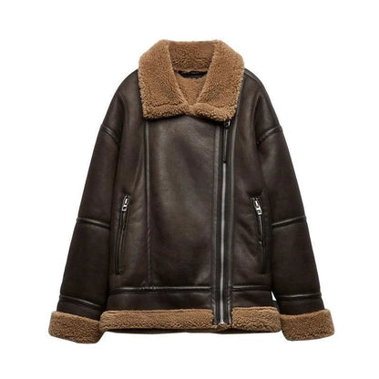 Harmira™ | Women's Brown Fleece-Lined Zip-Front Leather Jacket – Lapel Collar Winter Jacket for Stylish Warmth 