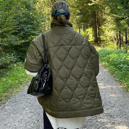 Samina™ | Women's Army Green Padded Parka Jacket with Zip and Stand-Up Collar – Short Sleeve for Winter 