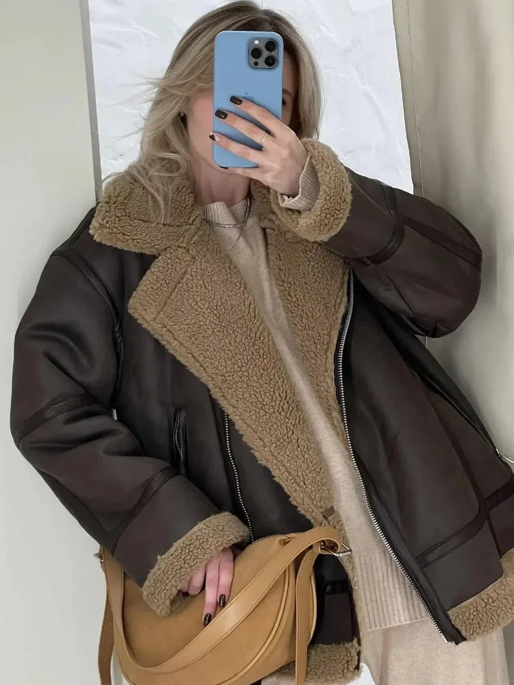 Harmira™ | Women's Brown Fleece-Lined Zip-Front Leather Jacket – Lapel Collar Winter Jacket for Stylish Warmth 