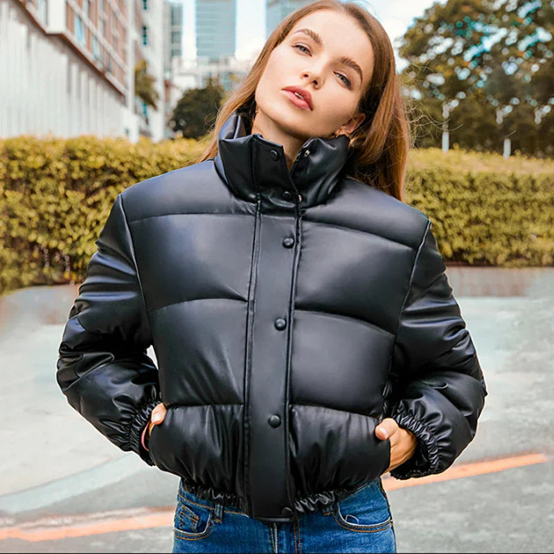50% off | Strideon™ | Women's Faux Leather Parka Jacket with Stand-Up Collar [ Last Day Discount ] 