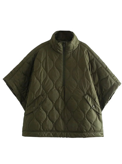 Samina™ | Women's Army Green Padded Parka Jacket with Zip and Stand-Up Collar – Short Sleeve for Winter 