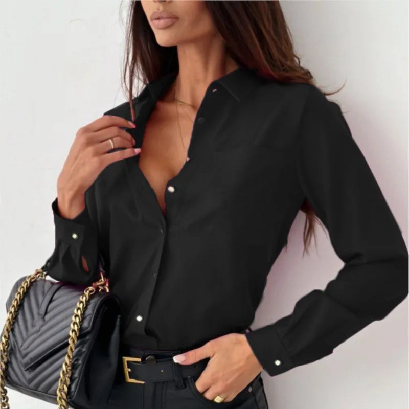 Alrun™ – Elegant long-sleeved blouse with button placket and lapel collar 