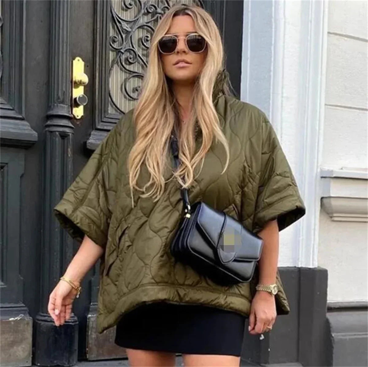 Samina™ | Women's Army Green Padded Parka Jacket with Zip and Stand-Up Collar – Short Sleeve for Winter 