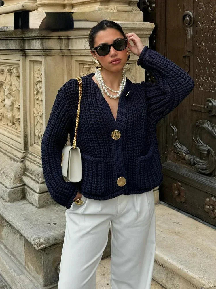 50% off | Solace™ | Women's Navy V-Neck Button-Down Cardigan with Pockets [ Last Day Discount ]