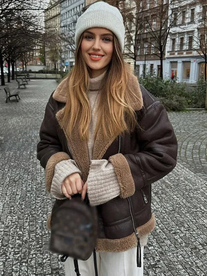 Harmira™ | Women's Brown Fleece-Lined Zip-Front Leather Jacket – Lapel Collar Winter Jacket for Stylish Warmth 