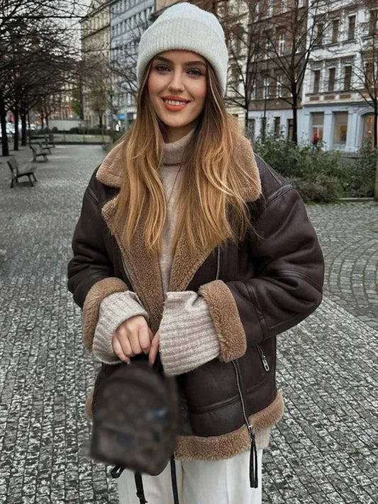Harmira™ | Women's Brown Fleece-Lined Zip-Front Leather Jacket – Lapel Collar Winter Jacket for Stylish Warmth 