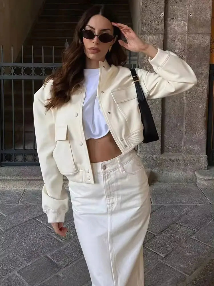 Tiana™ | Women's white button-front bomber jacket – short jacket for a modern look 