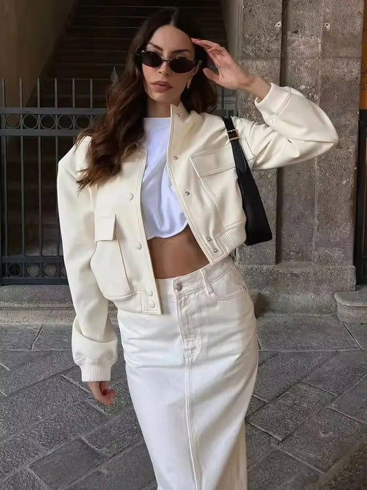 Tiana™ | Women's white button-front bomber jacket – short jacket for a modern look 