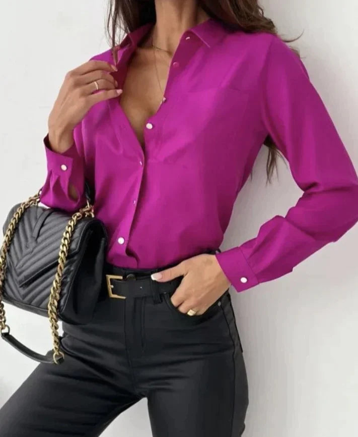 Alrun™ – Elegant long-sleeved blouse with button placket and lapel collar 