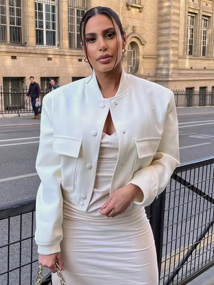 Tiana™ | Women's white button-front bomber jacket – short jacket for a modern look 